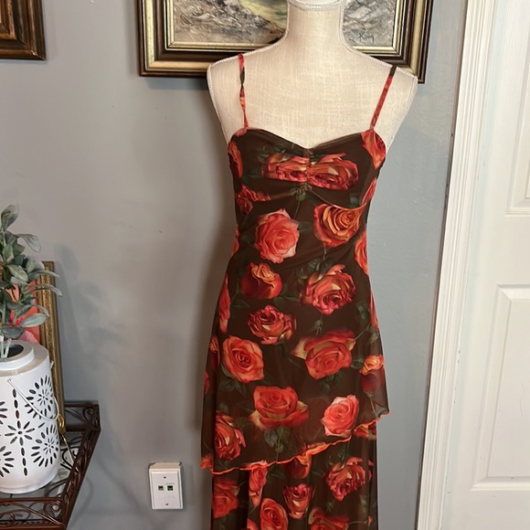 Rose Print Mesh Layered Maxi Dress with Adjustable Straps/ Size Small - Picture 2 of 9